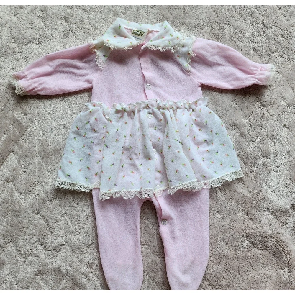Lullaby Land Baby Girl Vintage Skirted One Piece Pink Floral Lace Size Small